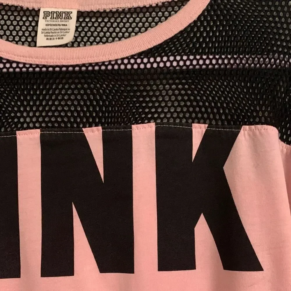 PINK Victoria's Secret Pink and Black 3/4 Sleeve Mesh Top Size S